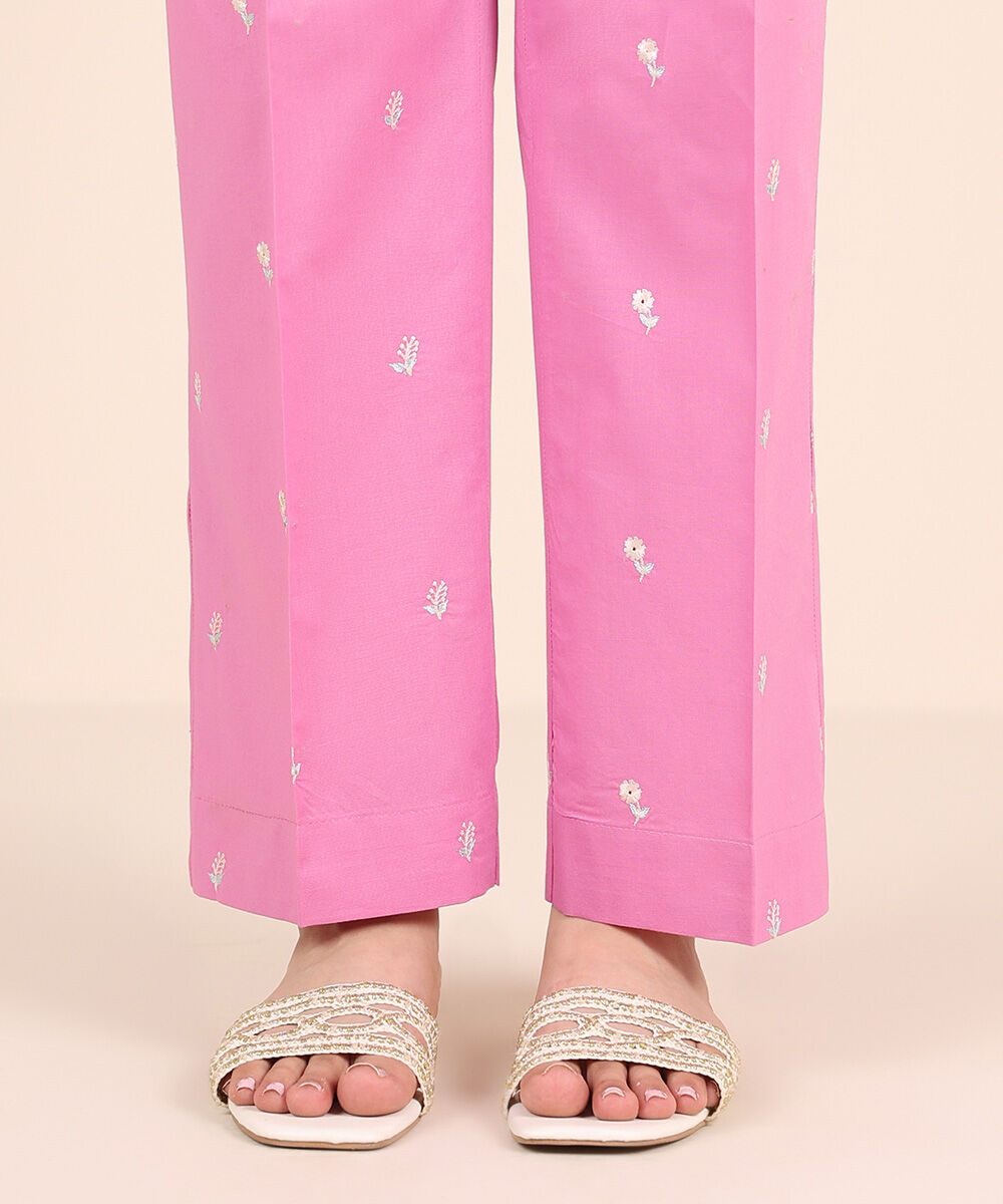 Women's RTW Cambric Pink Embroidered Straight Pants