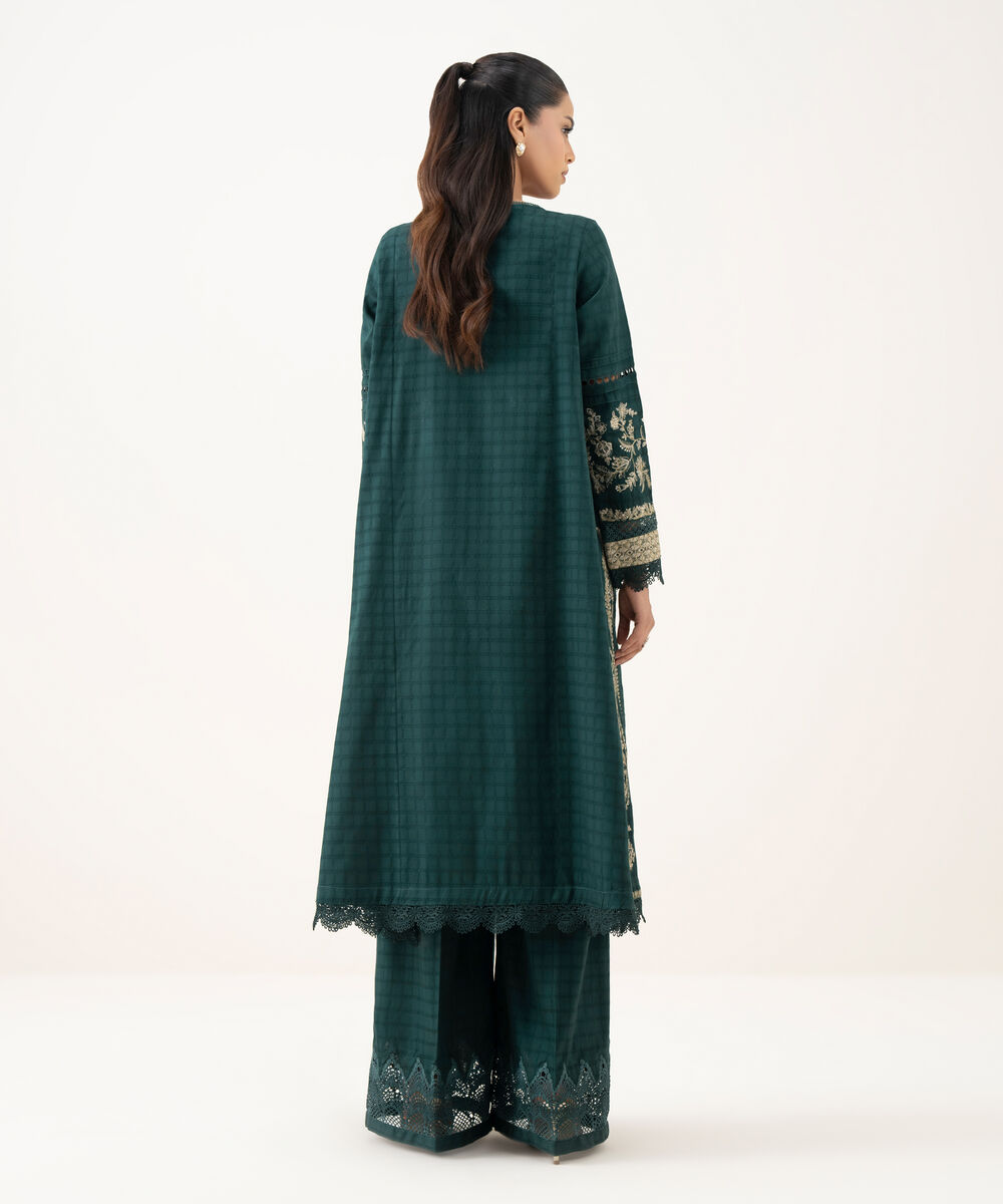 Women's RTW Textured Cotton Green Embroidered A-Line Shirt