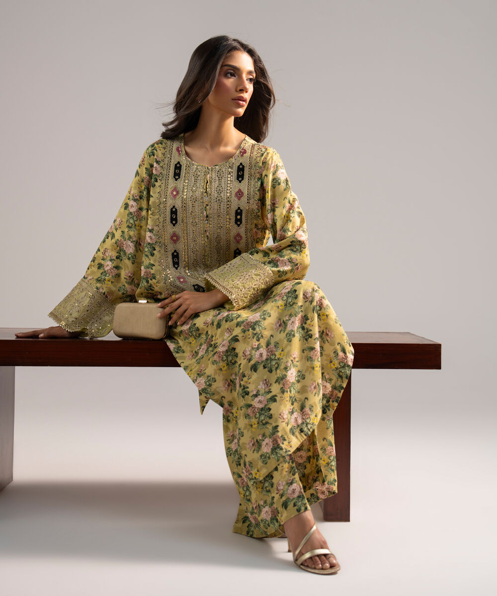 Women's RTW Viscose Raw Silk Embroidered Yellow 2 Piece Suit