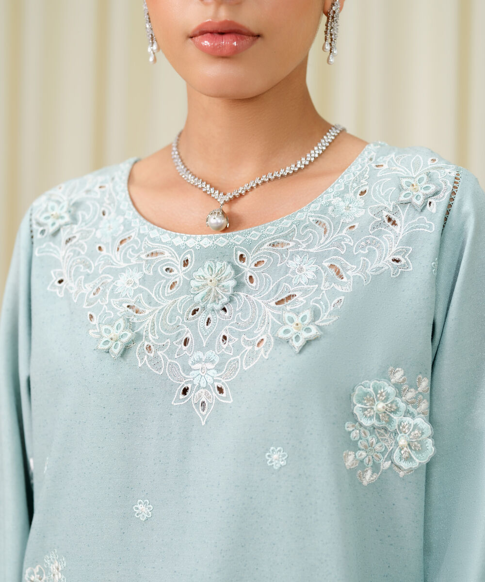 Women's Unstitched Embroidered Cotton Karandi Aqua 3 Piece Suit