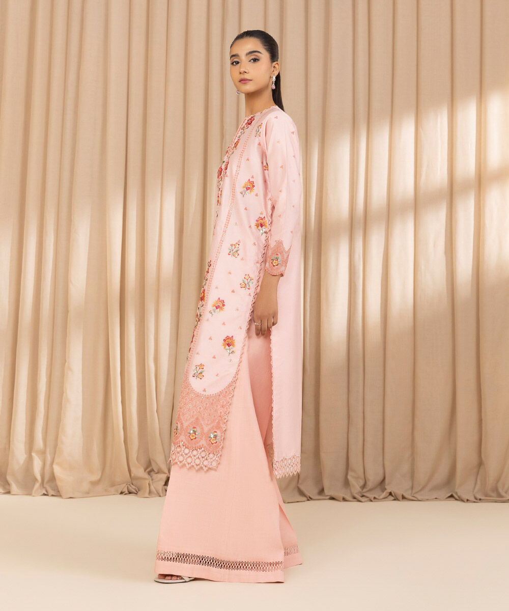 Women's Unstitched Embroidered Cotton Net Light Pink 3 Piece Suit