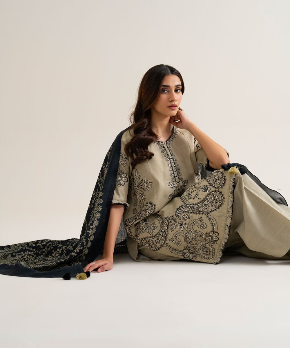Womens Unstitched Light Khaddar Embroidered Black And Dull Brown 3 Piece Suit