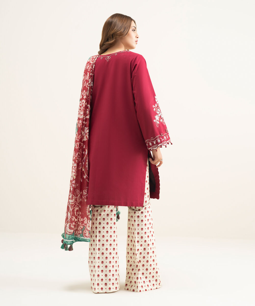 Women's Unstitched Lawn Red Embroidered 3 Piece Suit