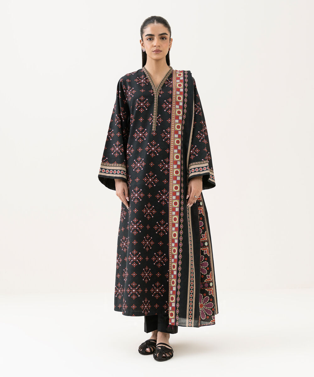 Women's Unstitched Khaddar Printed Black 3 Piece Suit