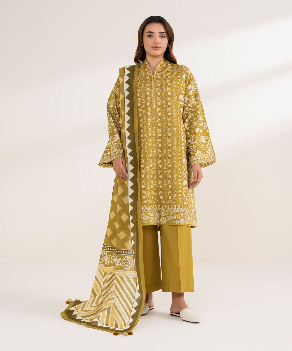 Women's Unstitched Cotton Printed Brown 3 Piece Suit