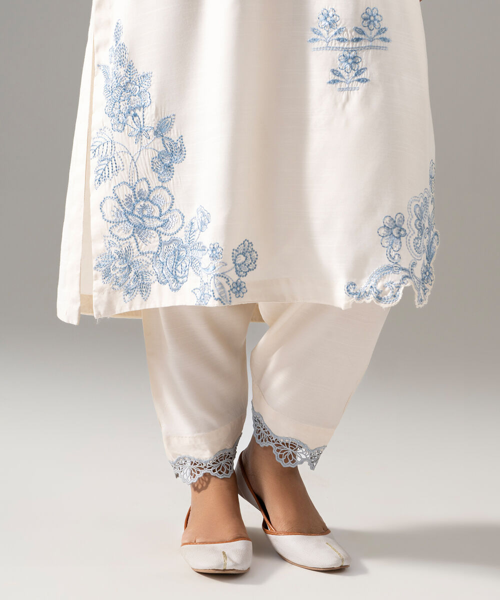 Women's RTW Raw Silk Solid Embroidered White 2 Piece Suit