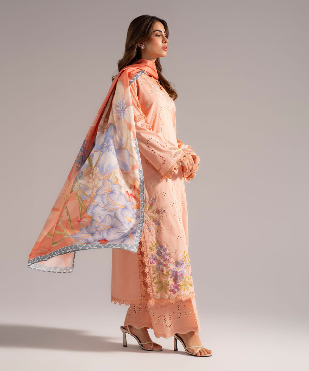 Women's RTW Slub Lawn Embroidered Pink 3 Piece Suit