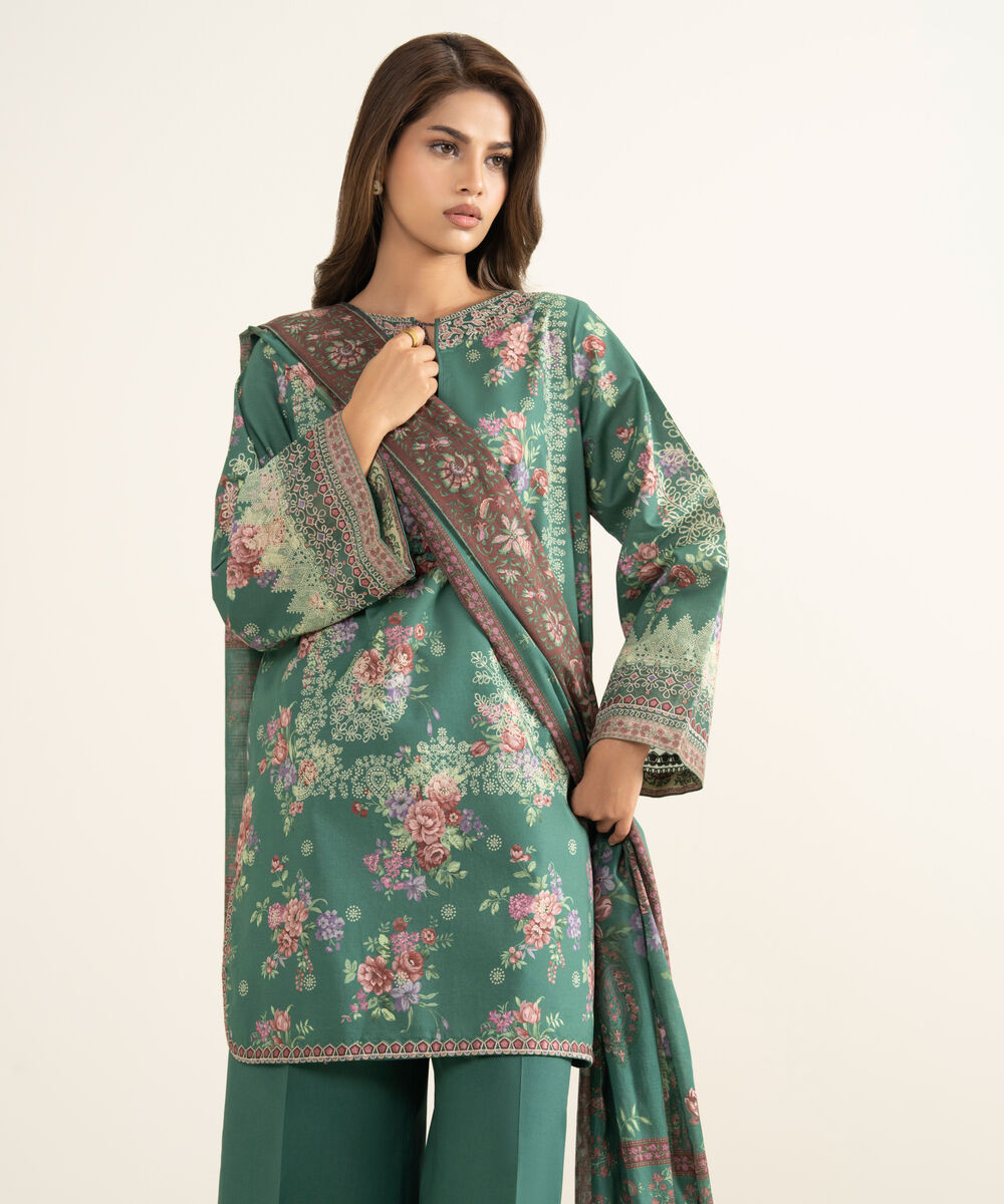 Women's Unstitched Lawn Embroidered Green 3 Piece Suit