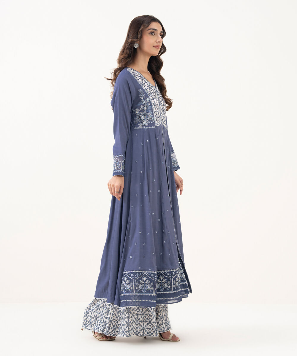 Women's RTW Viscose Raw Silk Embroidered A-Line Blue Shirt