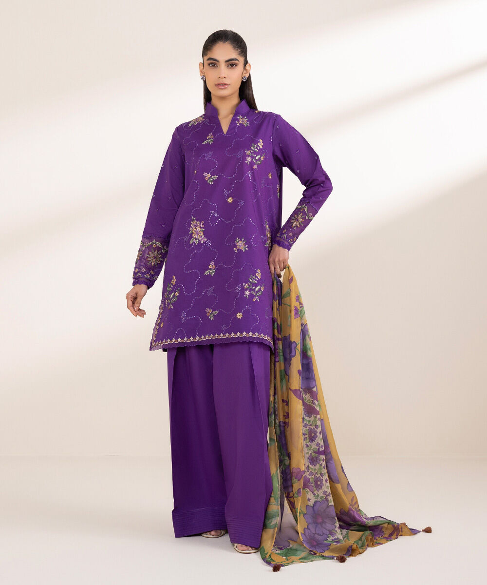Unstitched Women's Embroidered Textured Lawn Purple Three Piece Suit