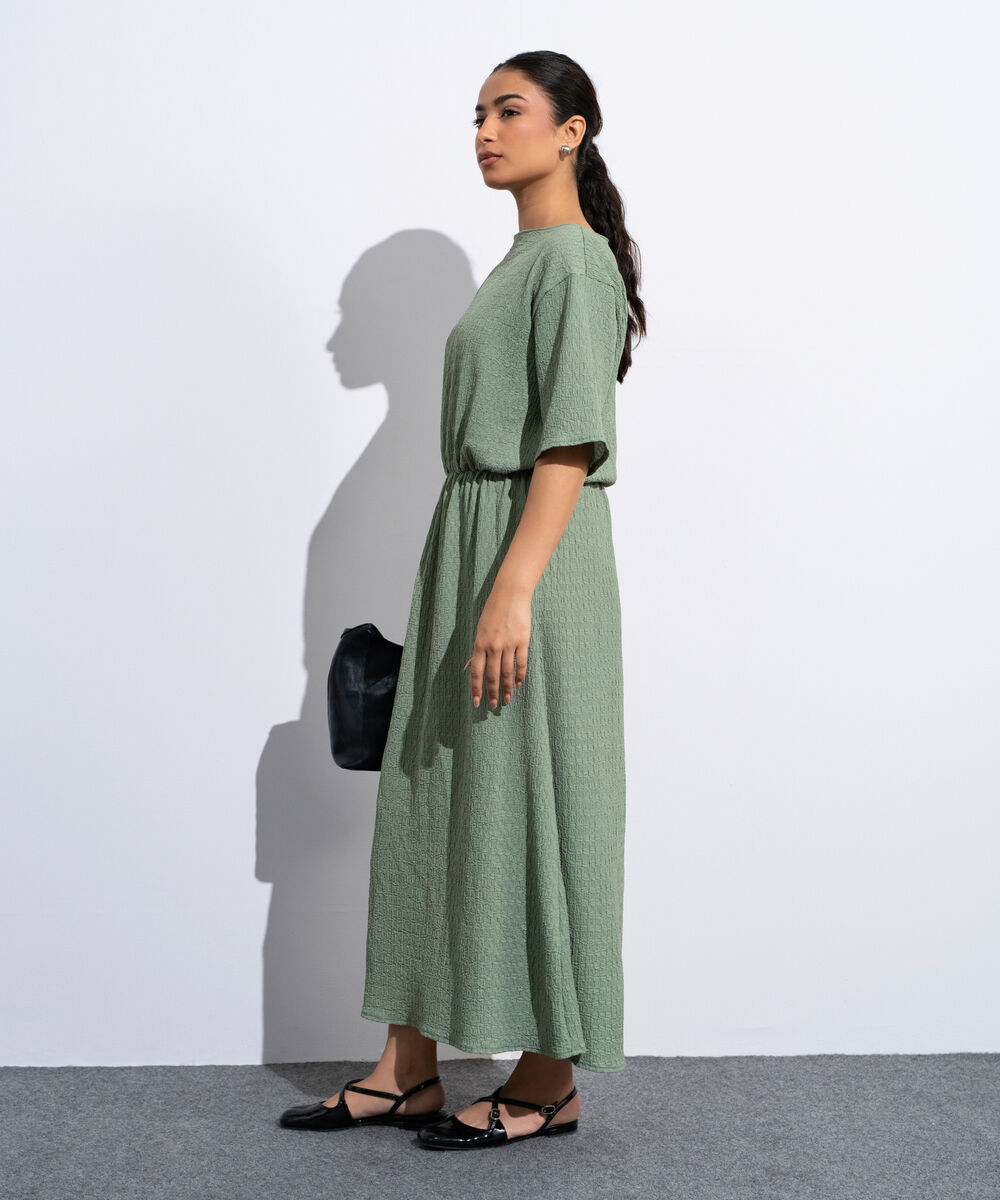 Women's Sage Green Midi Dress In Textured Fabric