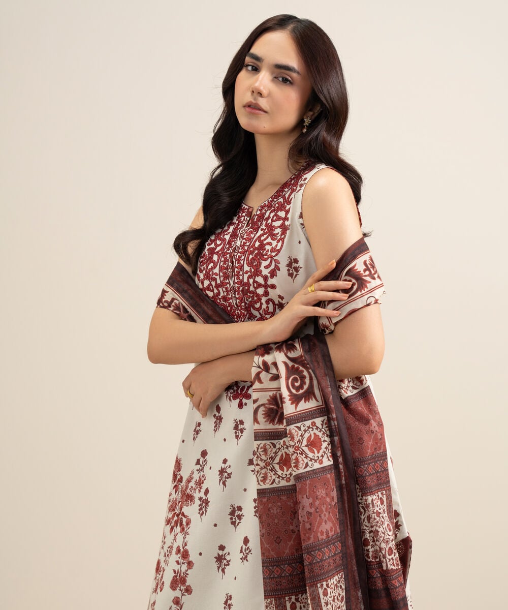 Women's Unstitched Lawn Embroidered Off White and Red 3 Piece Suit