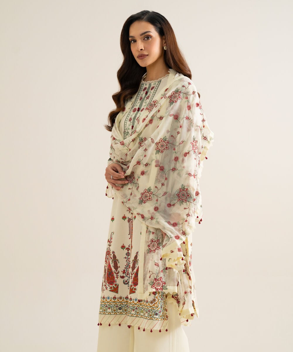 Women's Unstitched Blended Chiffon Printed Ivory 3 Piece Suit