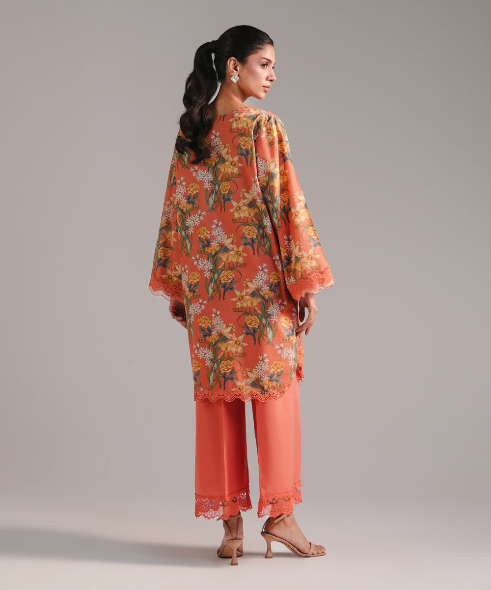 Women's RTW Slub Lawn Embroidered Coral 2 Piece Suit