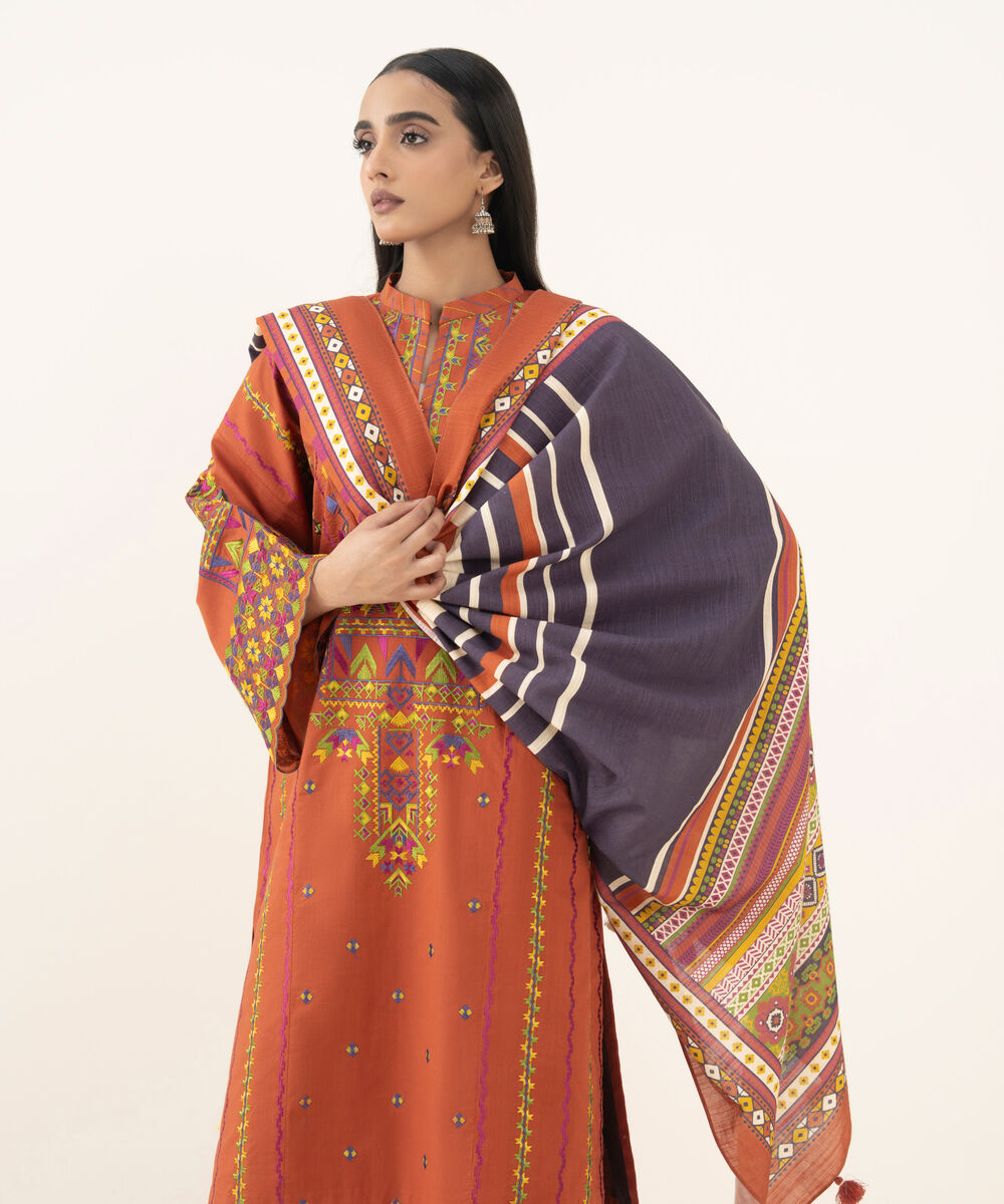 Women's Unstitched Embroidered Cross Hatch Rust 3 Piece Suit