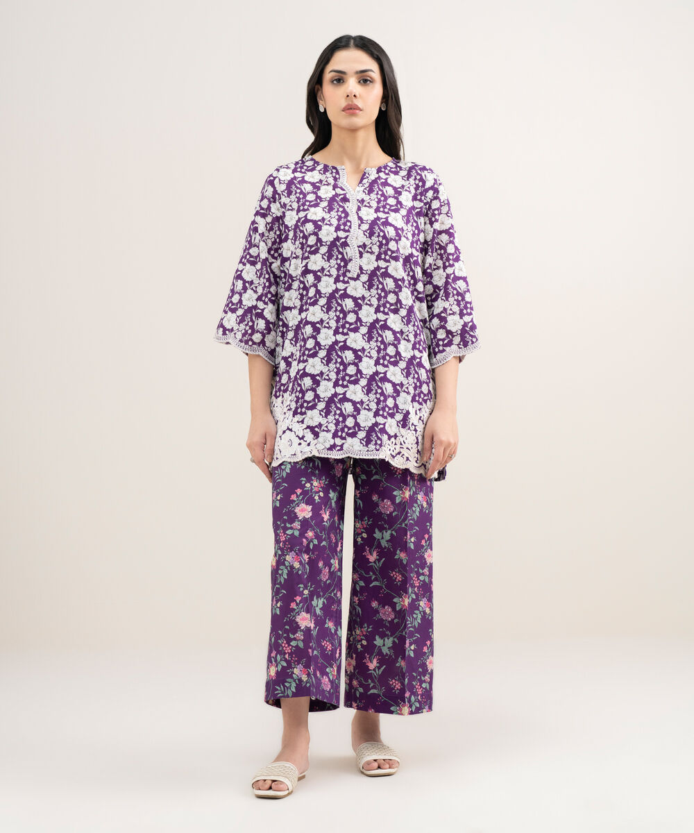 Women's RTW Dobby Embroidered Purple Straight Shirt