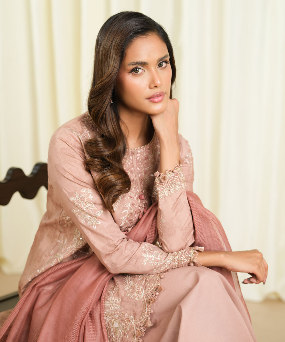 Women's Unstitched Cotton Jacquard Embroidered Pink 3 Piece Suit