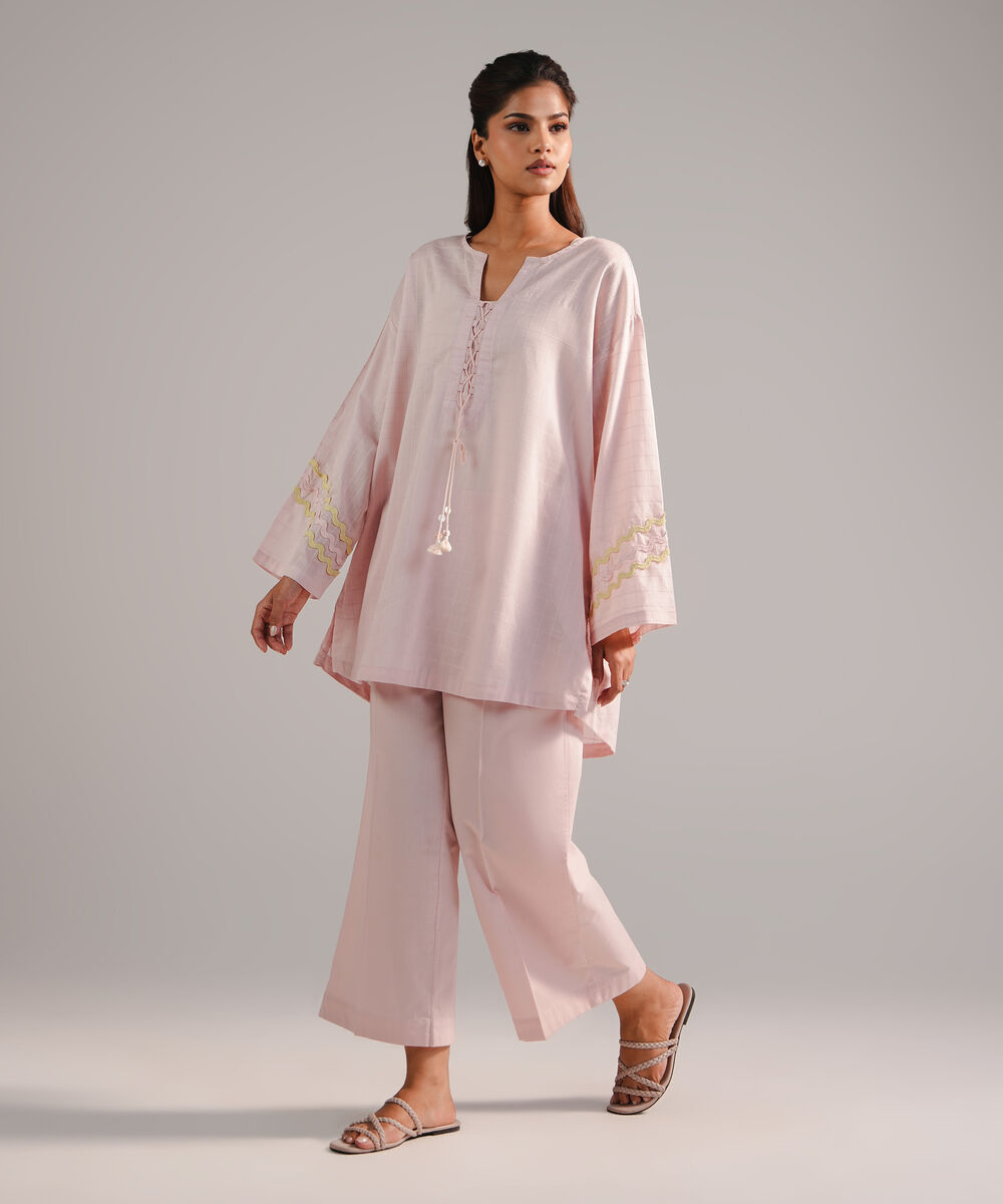 Women's RTW Dobby Embroidered Light Pink 2 Piece Suit