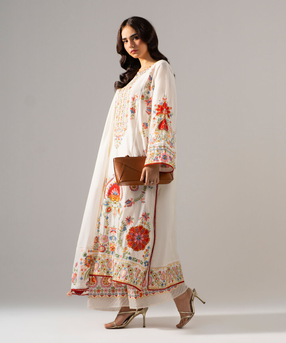 Women's RTW Lawn Solid Embroidered Off White 3 Piece Suit
