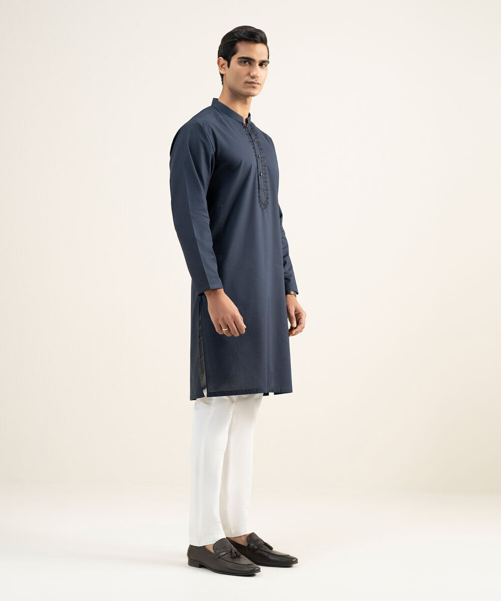 Men's Stitched Cotton Jacquard Indigo Kurta