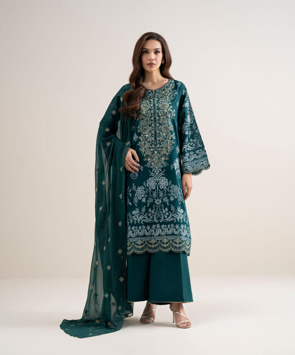 Women's Unstitched Extra Weft Jacquard Embroidered Green 3 Piece Suit