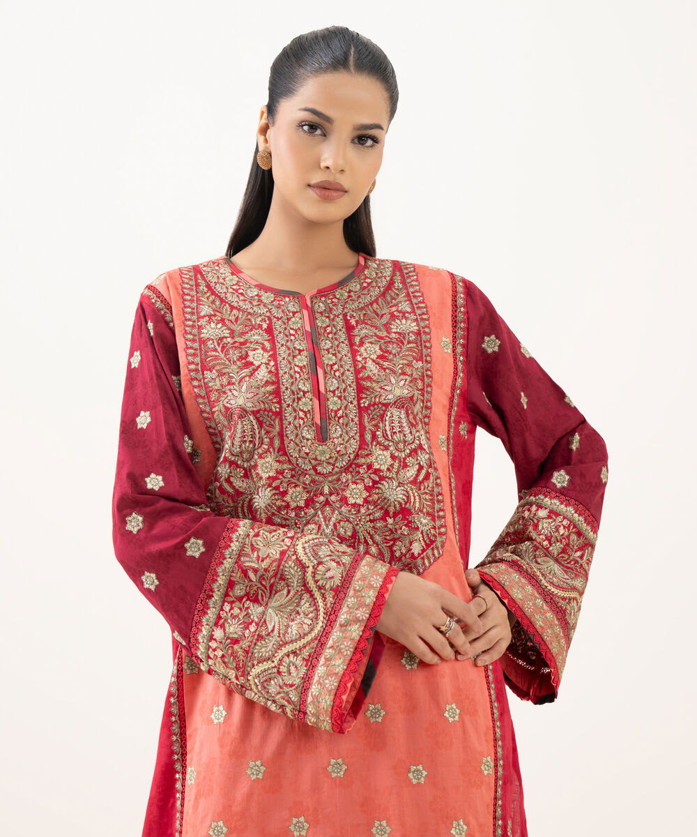Women's RTW Cotton Jacquard Red Embroidered A-Line Shirt