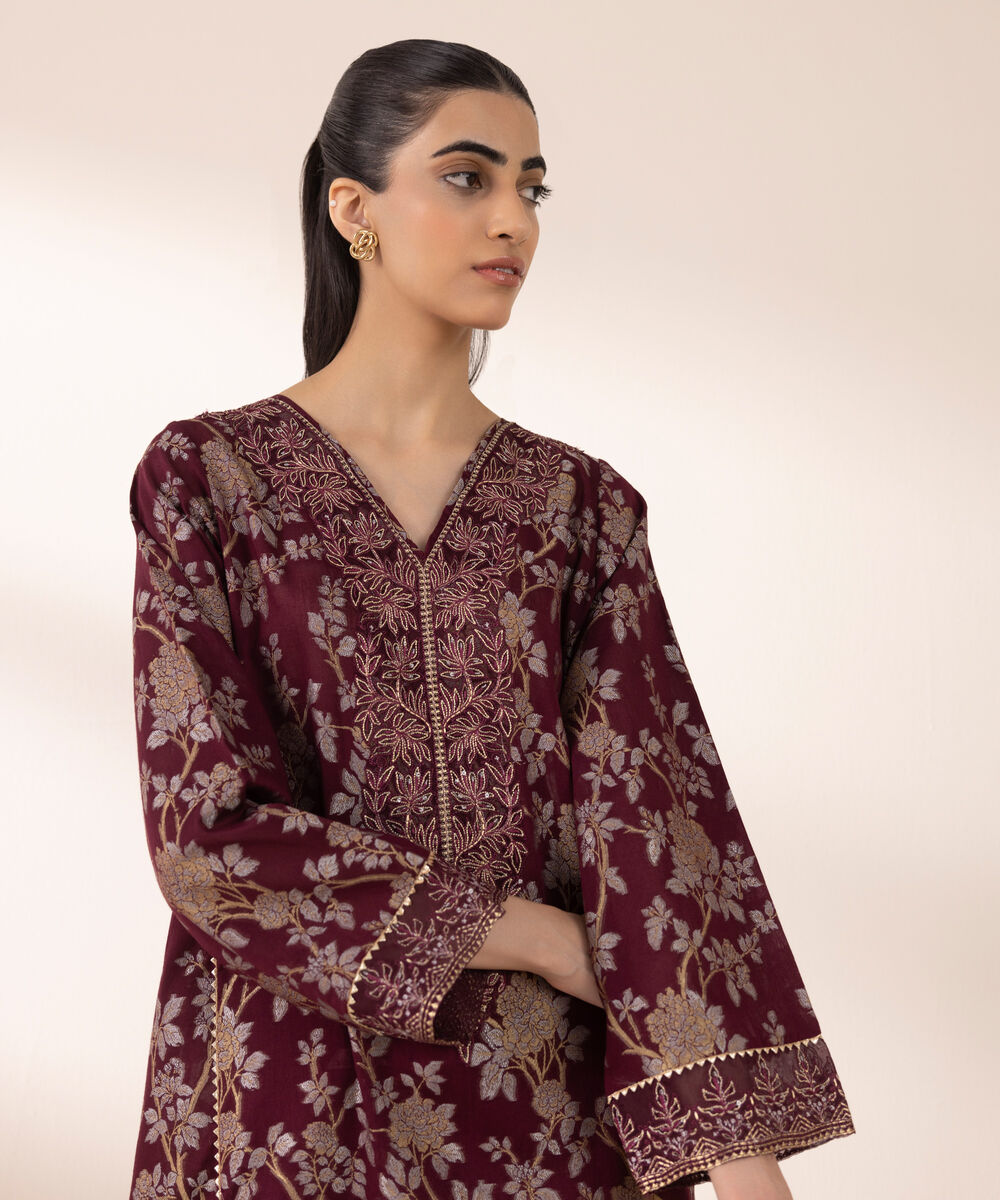 Women's RTW Extra Weft Jacquard Red Embroidered A-Line Shirt