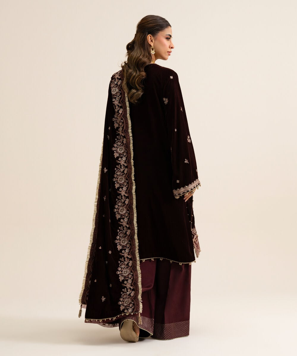 Women's Unstitched Velvet Embroidered Maroon 3 Piece Suit
