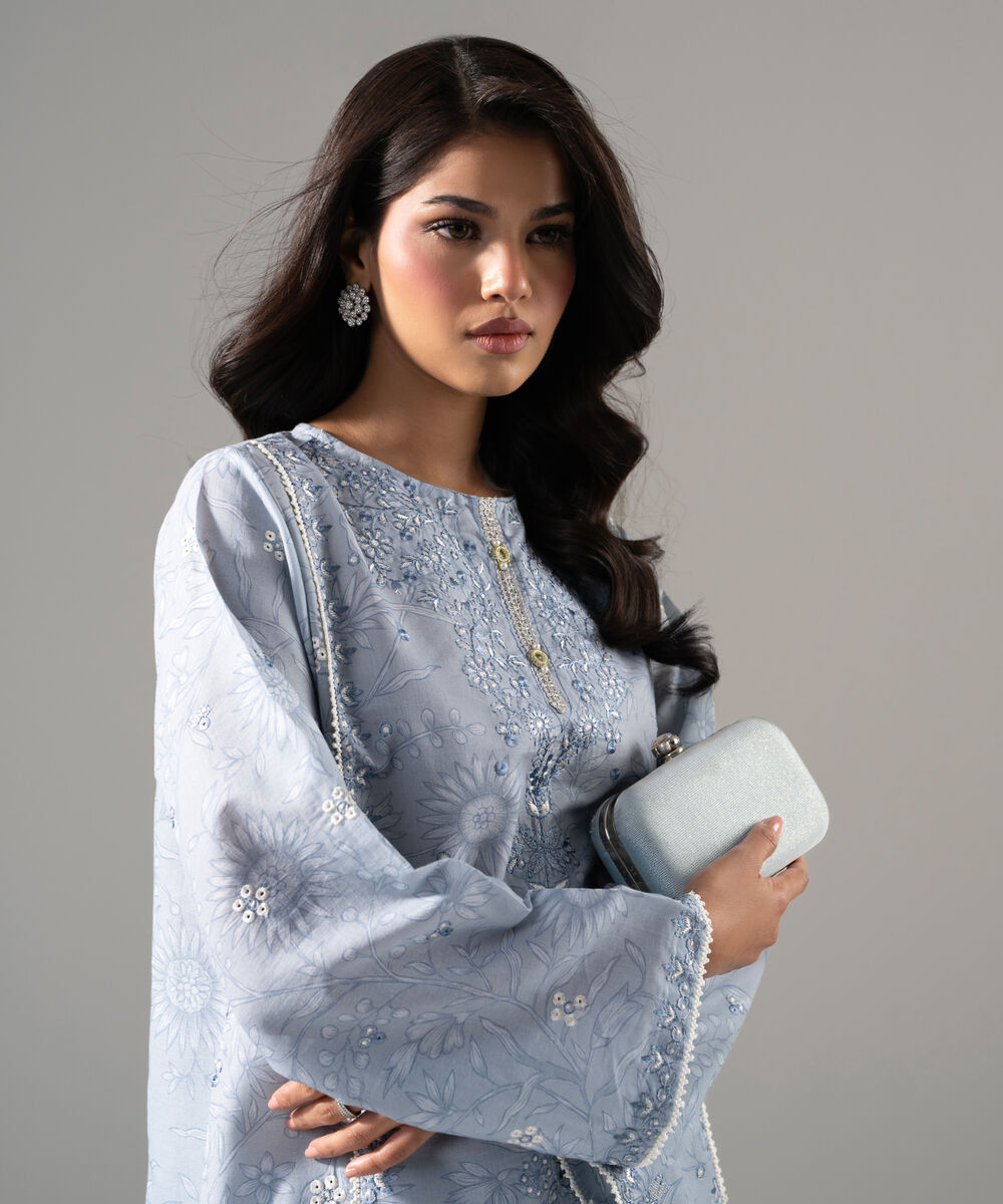 Women's RTW Fancy Cotton Printed Embroidered Blue 2 Piece Suit