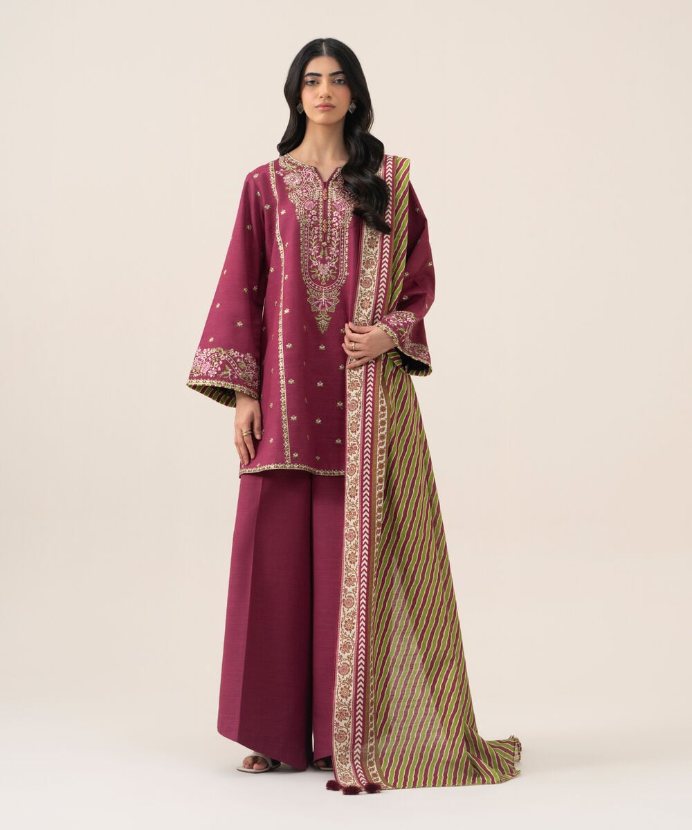 Women's Unstitched Cotton Embroidered Magenta 3 Piece Suit
