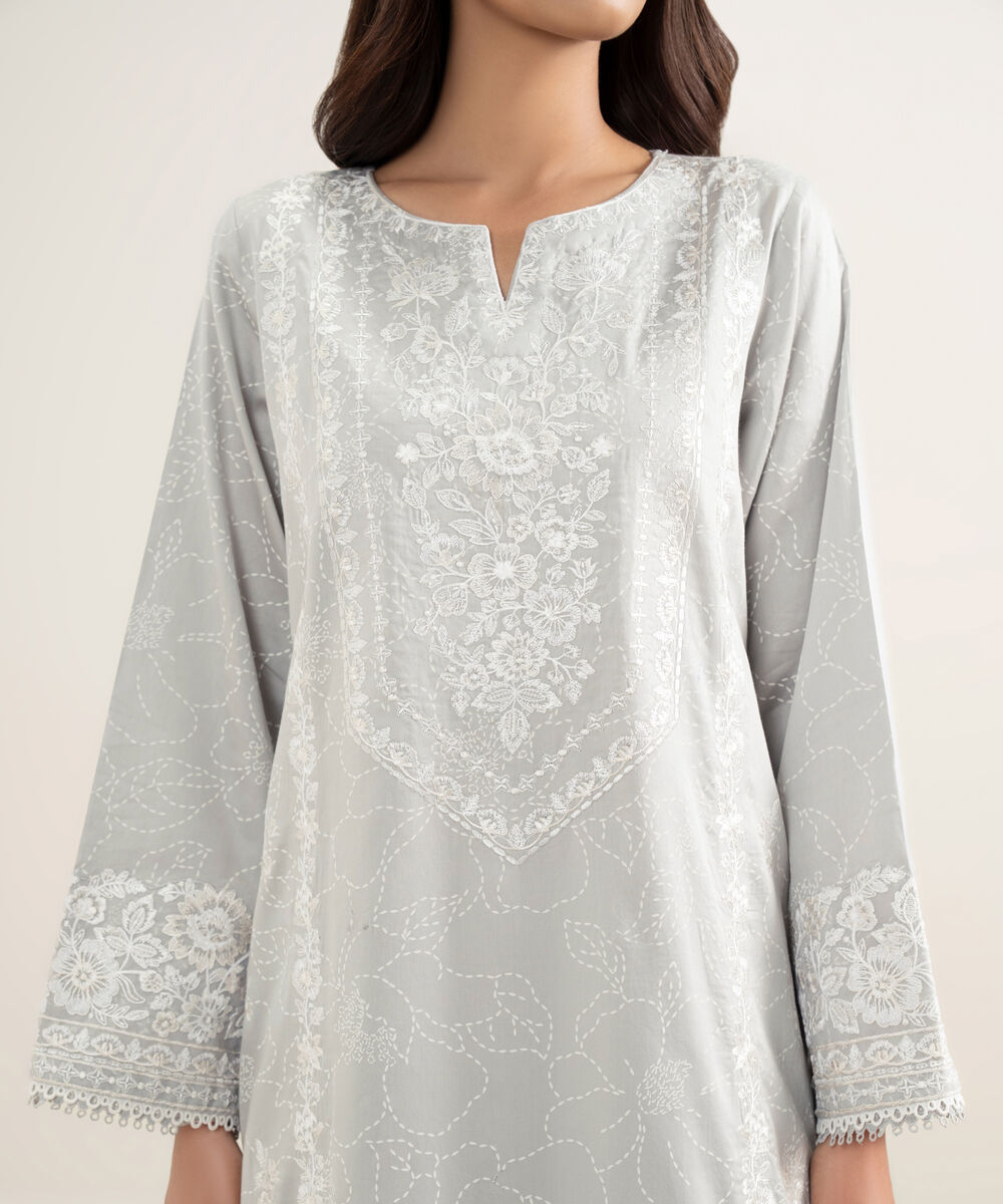 Women's RTW Lawn Embroidered Grey A-Line Shirt