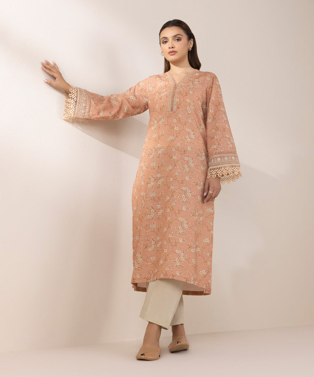 Woman - Pink Embroidered Zari Khaddar Shirt
