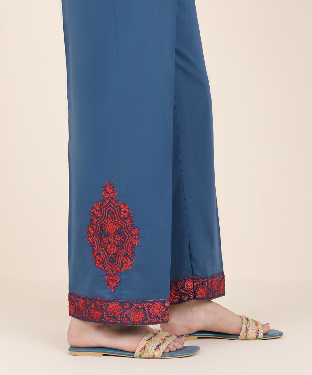 Women's RTW Cambric Blue Embroidered Straight Pants