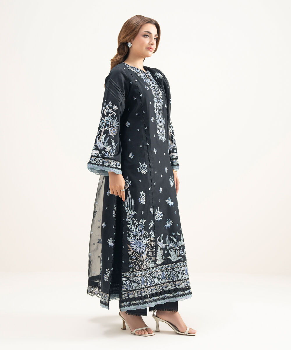 Women's Unstitched Fine Cotton Satin Embroidered Black 3 Piece Suit