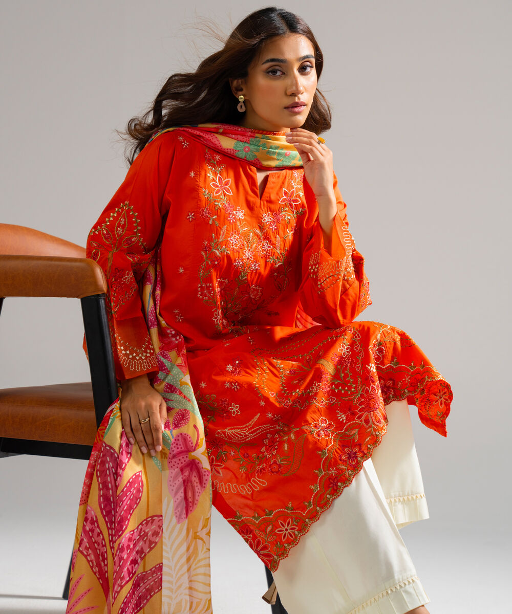 Women's RTW Lawn Embroidered Orange 2 Piece Suit