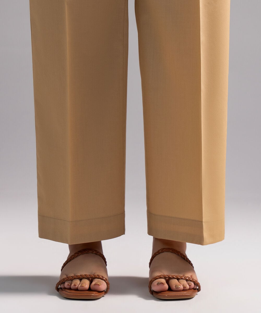 Women's RTW Cambric Solid Beige Straight Pants