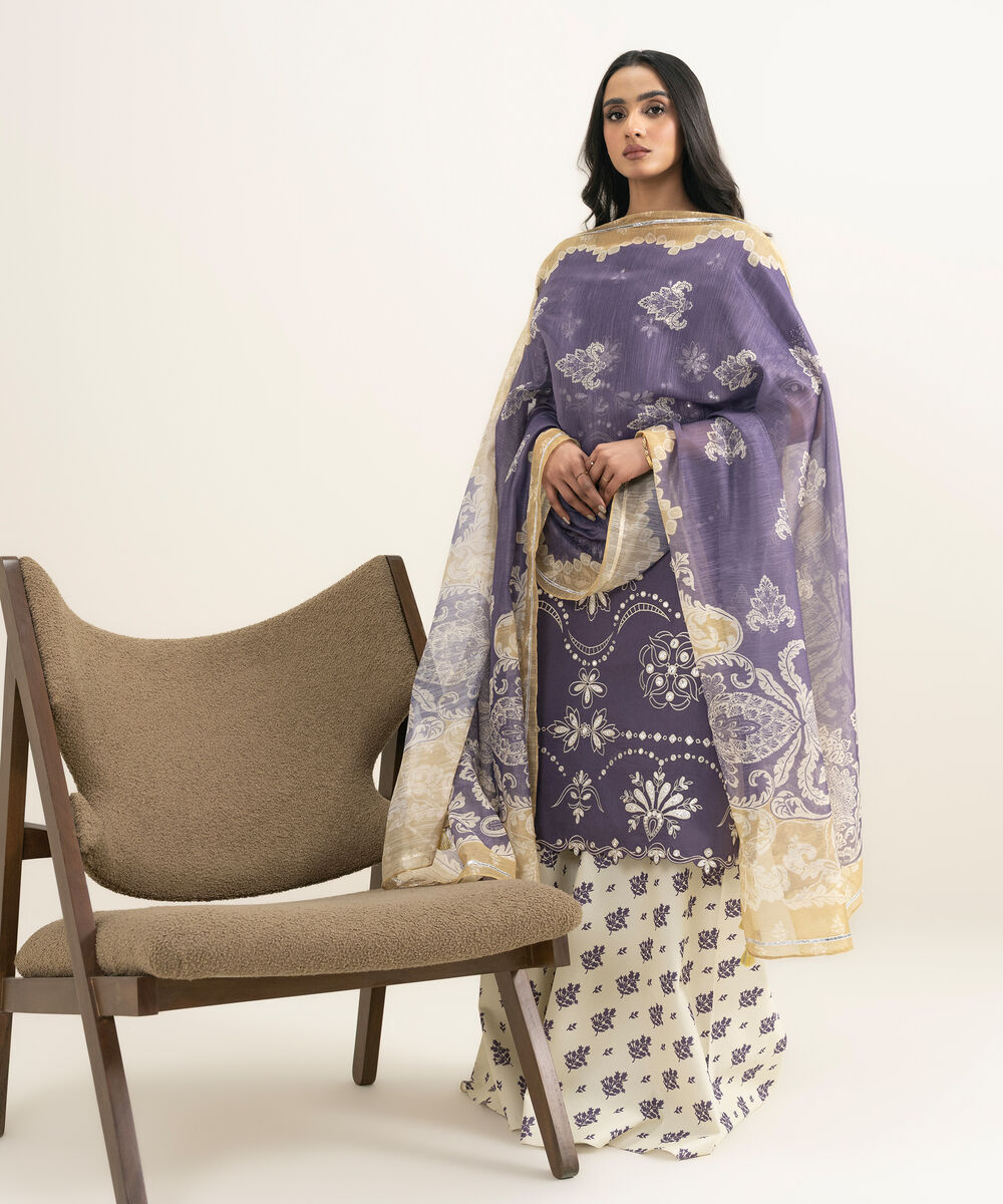 Women's Unstitched Textured Lawn Embroidered Purple 3 Piece Suit