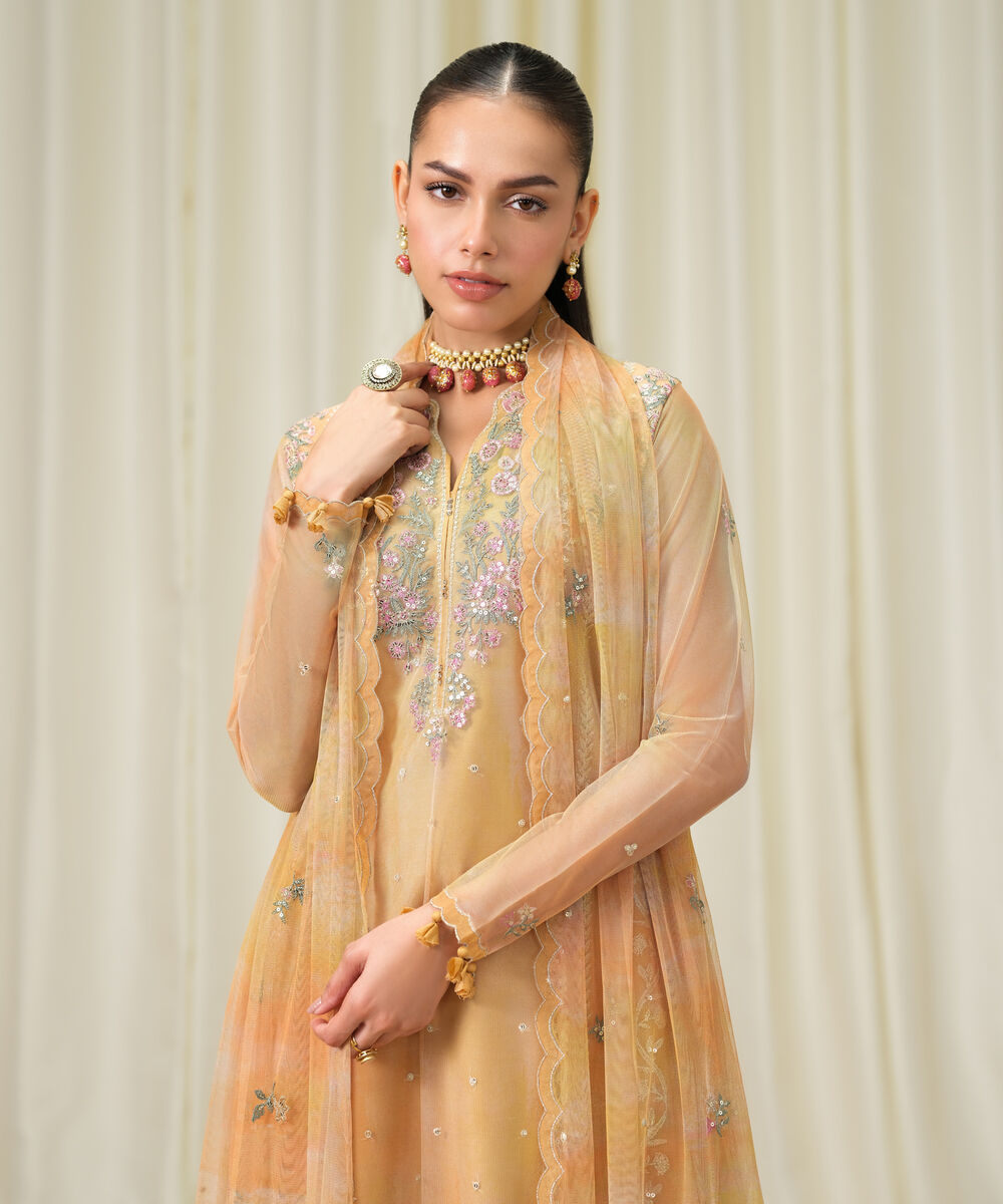 Women's Unstitched Blended Net Embroidered Yellow 3 Piece Suit