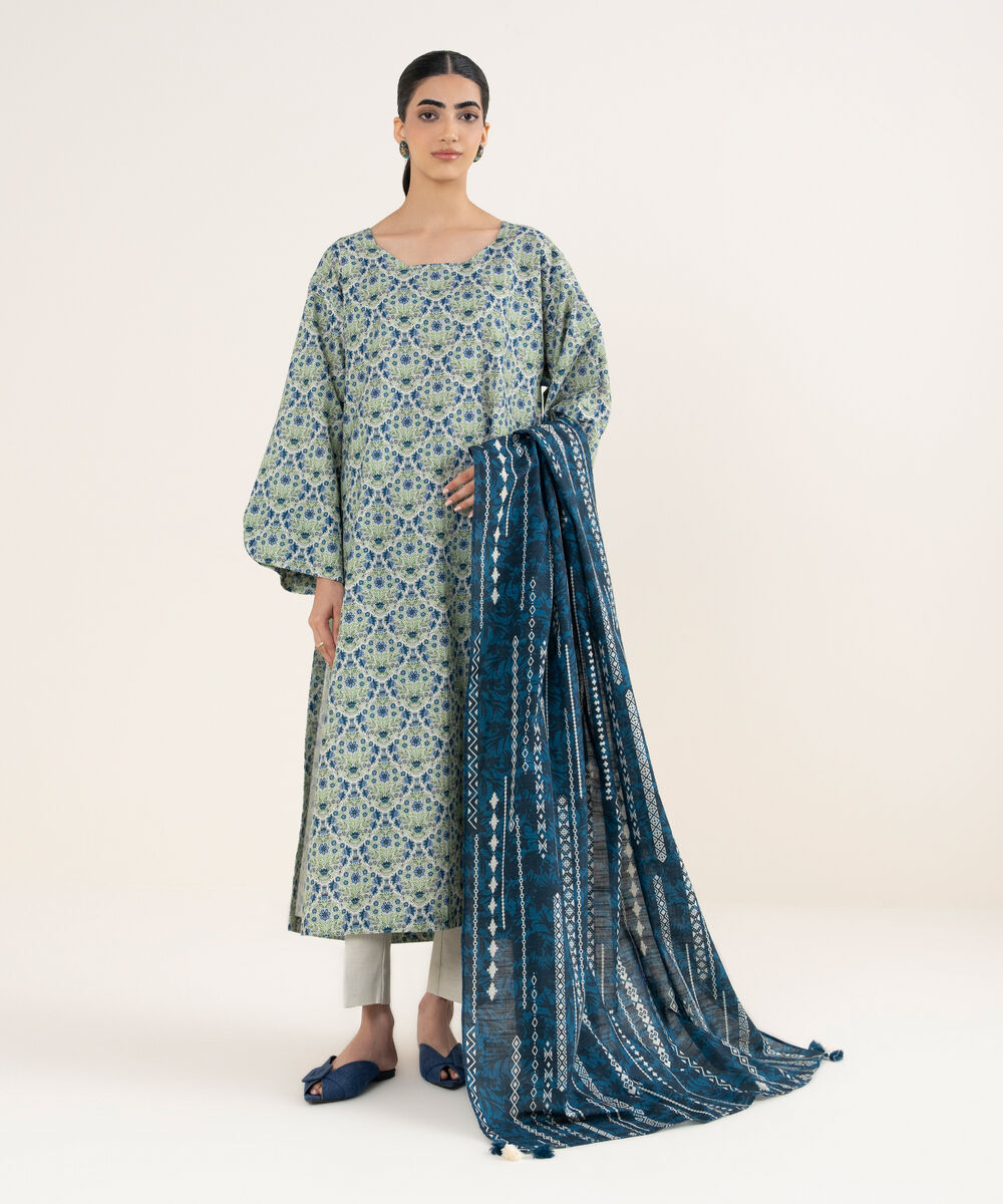 Women's Unstitched Printed Khaddar Off White & Blue 3 Piece Suit