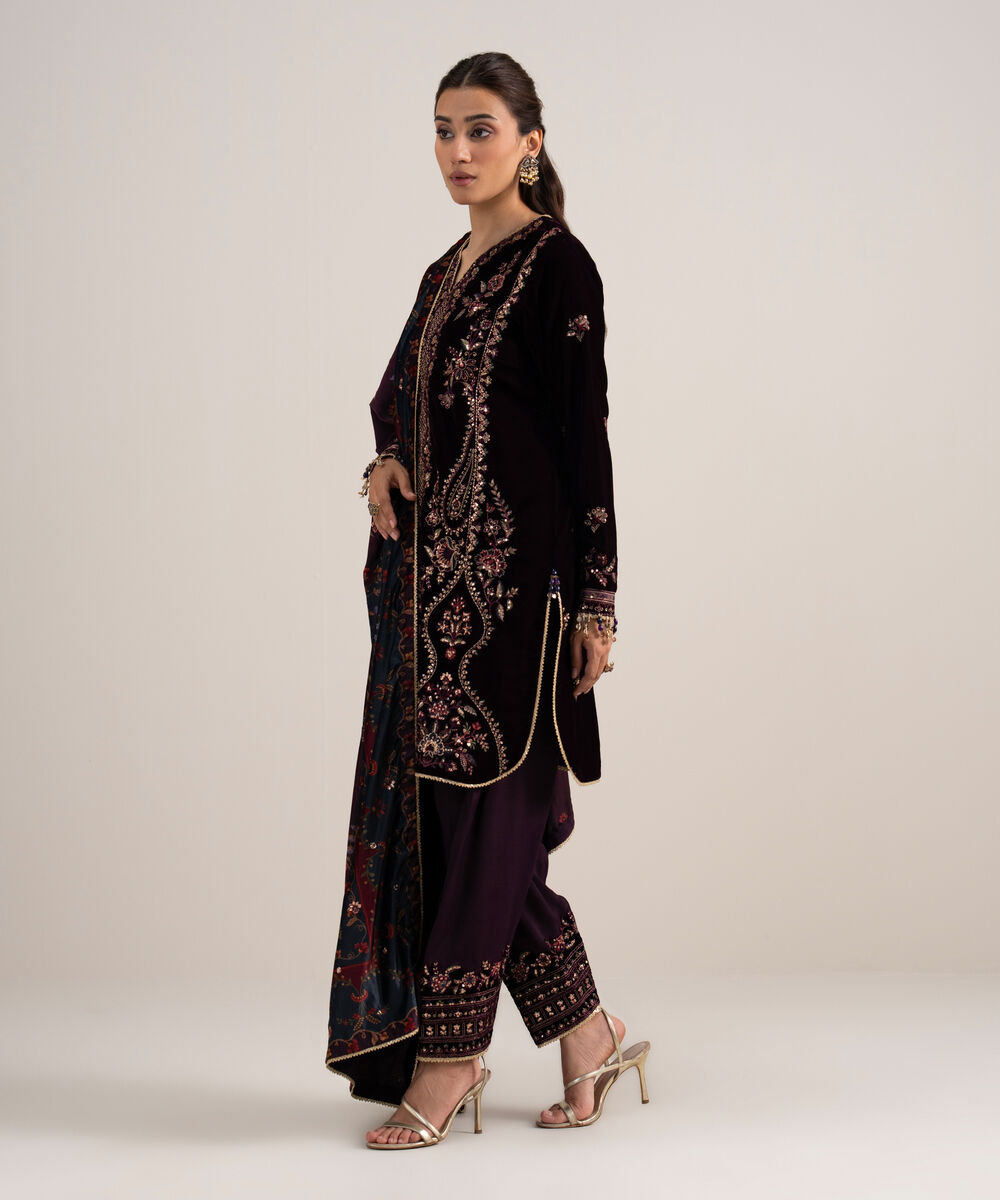 Women's Unstitched Embroidered Velvet Red 3 Piece Suit