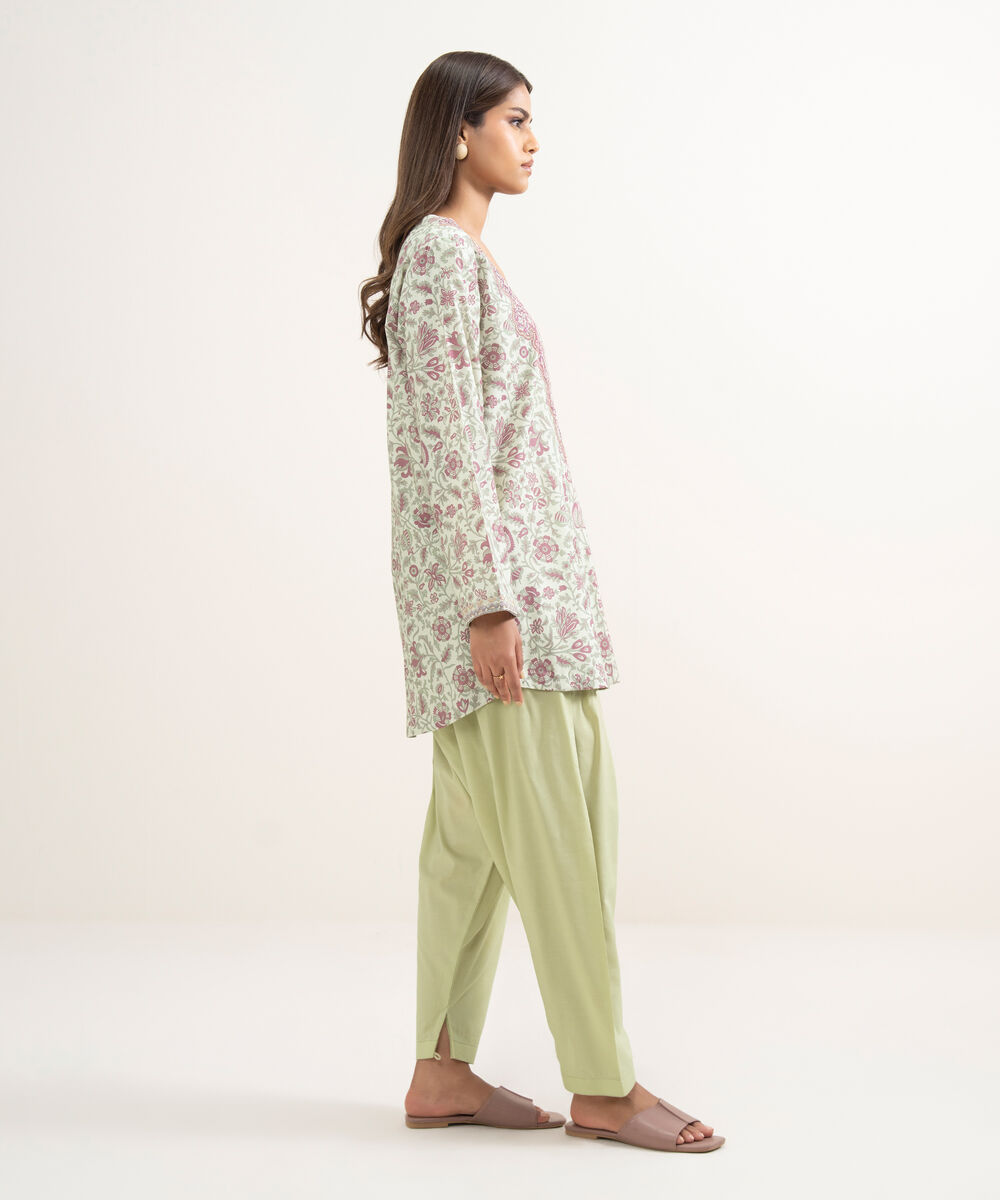 Women's RTW Cotton Viscose Embroidered Mint Green Straight Shirt