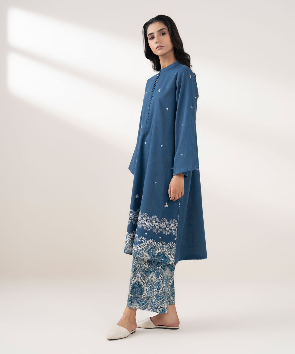 Women's RTW Cross Hatch Embroidered Blue 2 Piece Suit