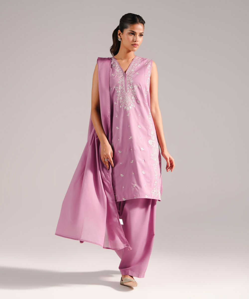 Women's RTW Lawn Embroidered Light Purple 3 Piece Suit