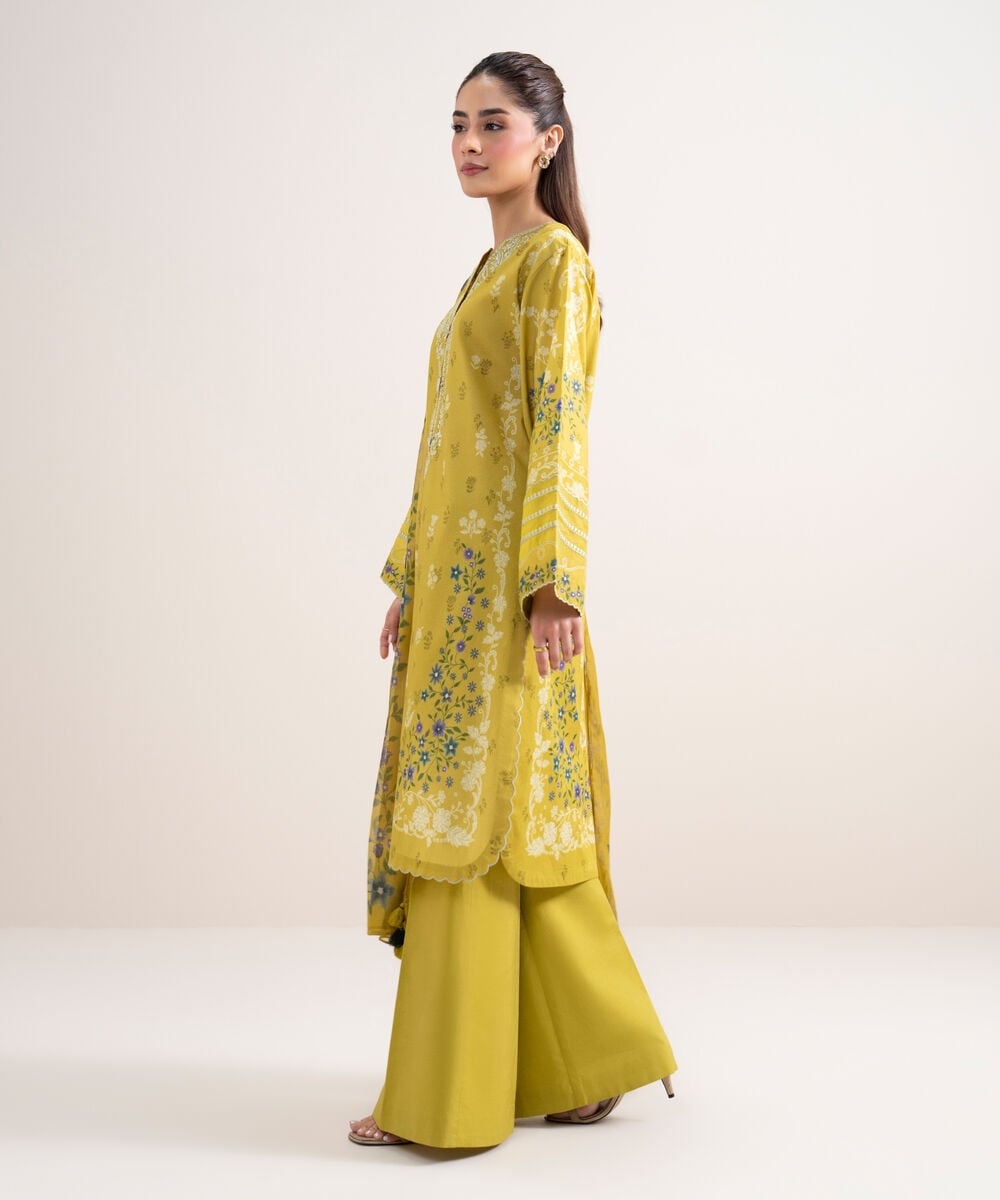 Women's Unstitched Lawn Embroidered Yellow 3 Piece Suit