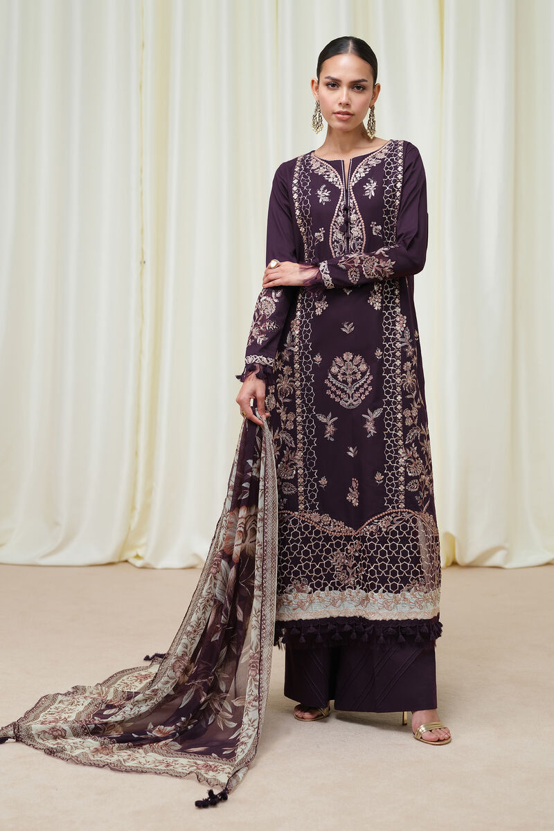 3 Piece - Embroidered Cotton Satin Suit