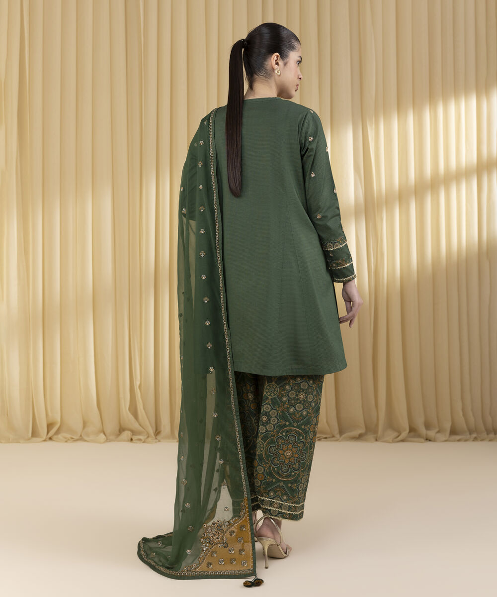 Unstitched Women's Green Zari Lawn 3 Piece Suit