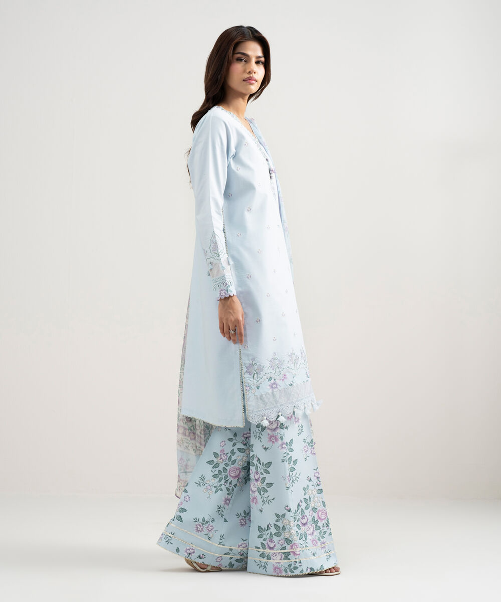 Women's Unstitched Textured Lawn Embroidered Blue 3 Piece Suit
