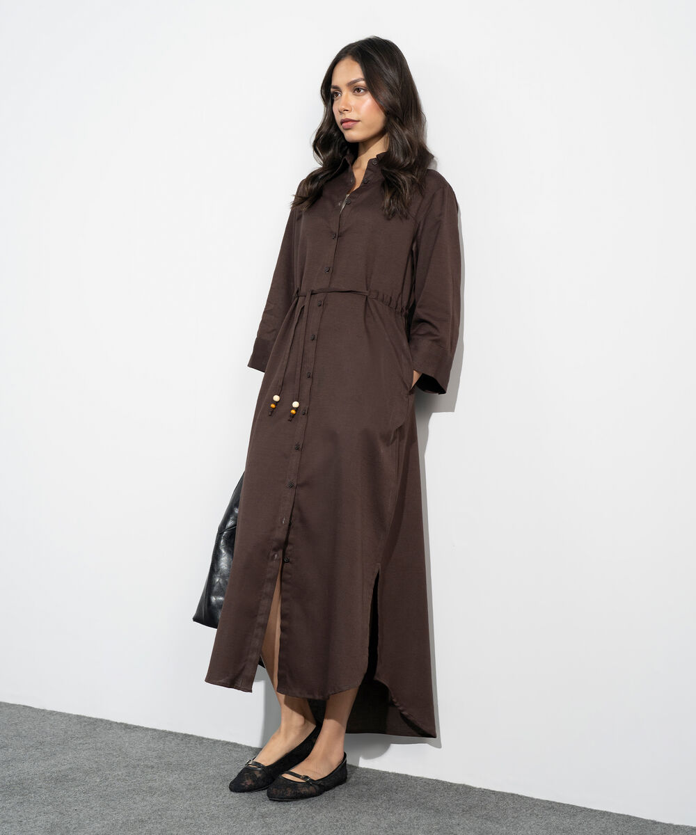 Women's Western Brown Linen Blend Dress With Waist Drawcord