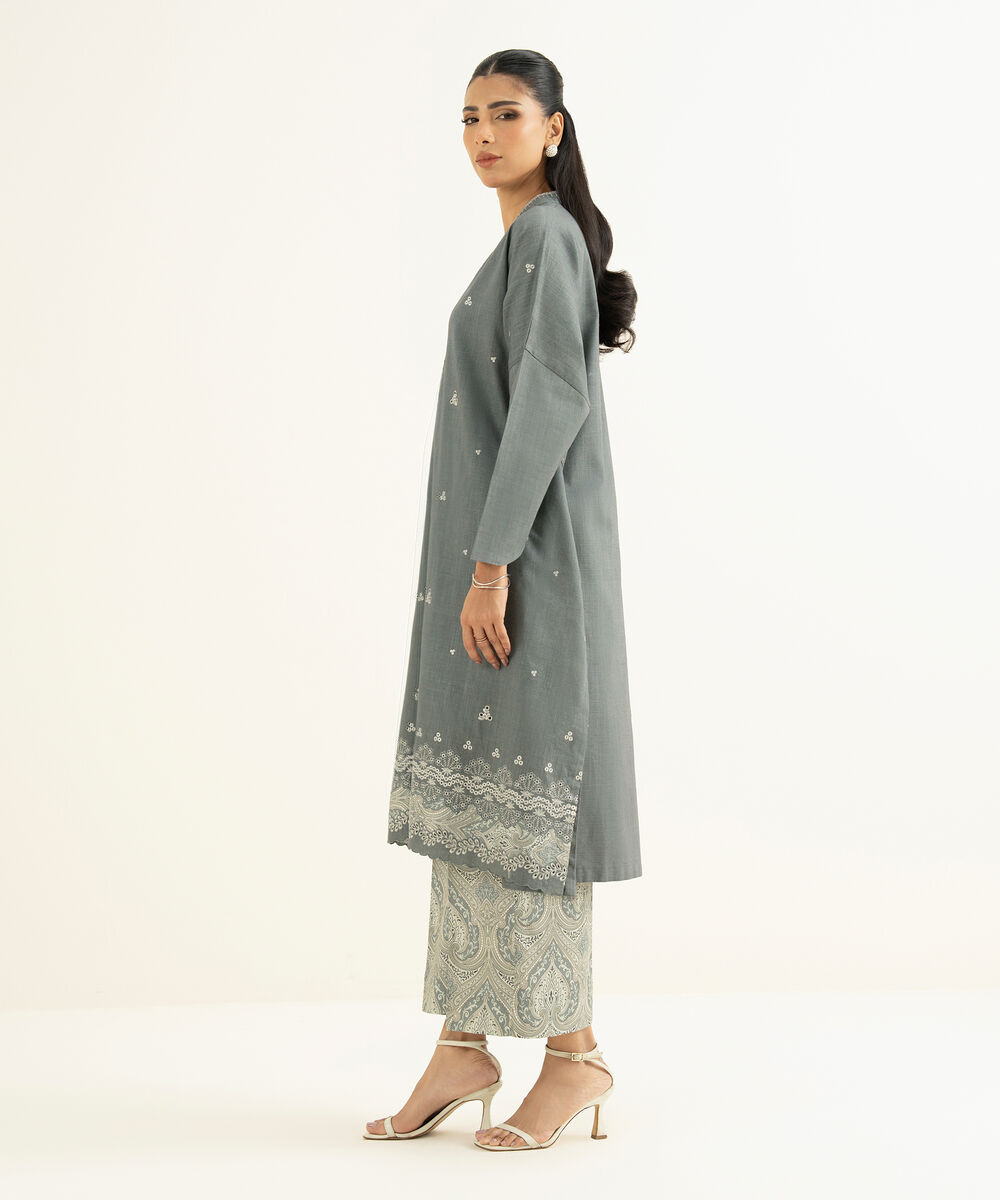 Women's Unstitched Cross Hatch Embroidered Grey 2 Piece Suit