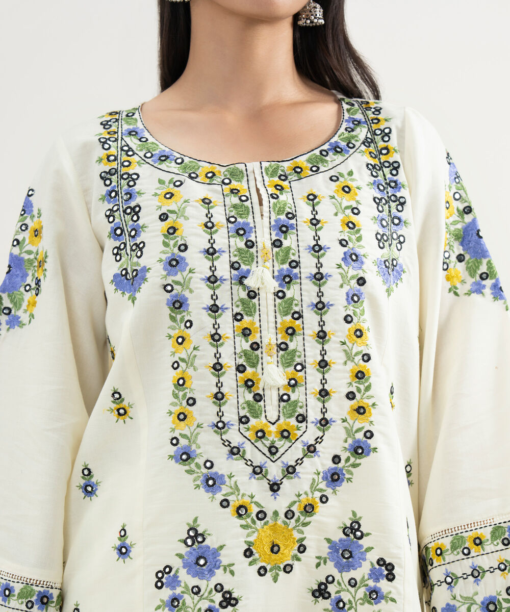 Women's RTW Zari Cotton Embroidered Off White 3 Piece Suit